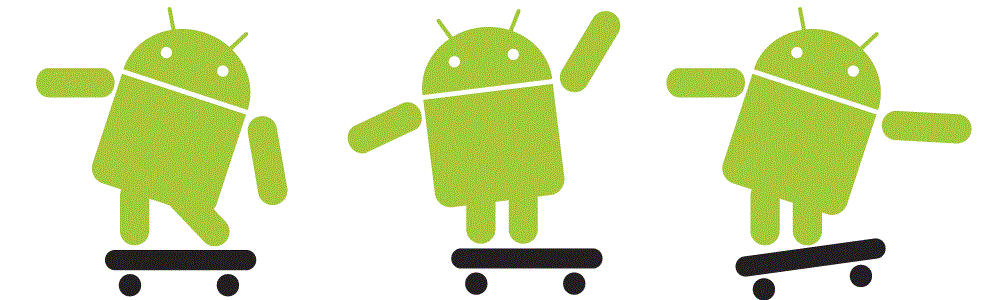 3 Android Logos in different poses on skateboards