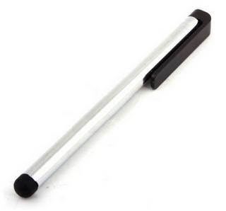 Typical Capacitive Stylus. Silvery pen shape with a soft rubbery (conductive) tip for touching the screen.