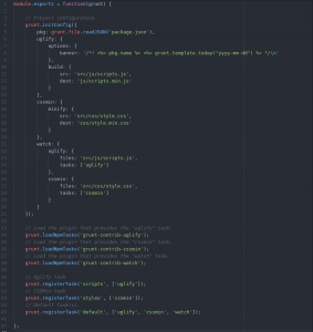screenshot outlining a default gruntfile.js